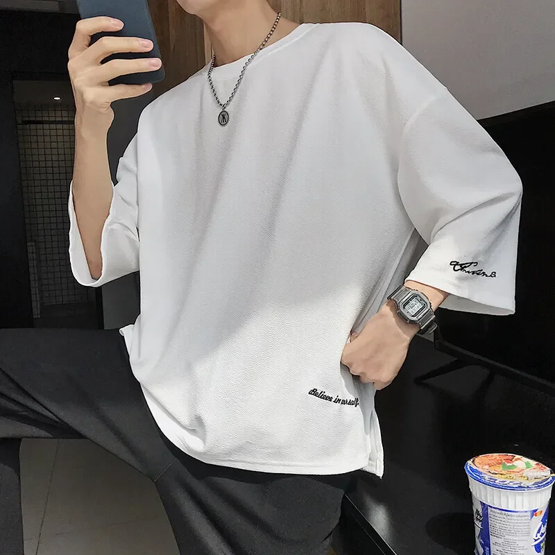 Pop Summer Short Sleeved T-shirt Men Oversized Black White Casual T Shirt Men Streetwear Hip-hop Loose Ice Silk T Shirt Mens Top