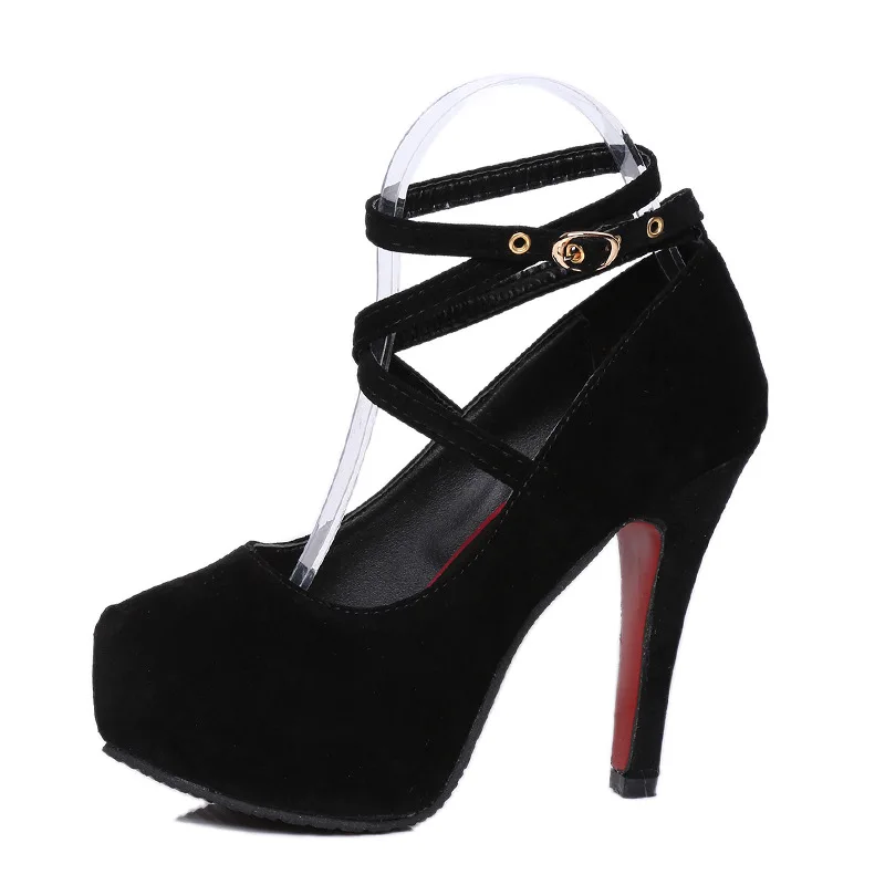 2026 Suede Cross Ankle Strap Red Sole Stiletto Pumps 11cm Platform Shoes for Women Round Toe Party Wedding High Heel Dress Shoes