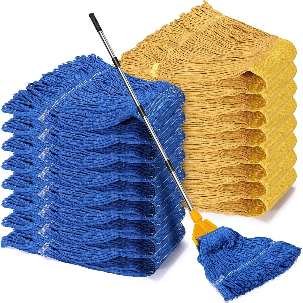 

16 Pack Heavy Duty Looped End Cotton String Mop Replacements for Industrial and Home Cleaning (Blue, Yellow)