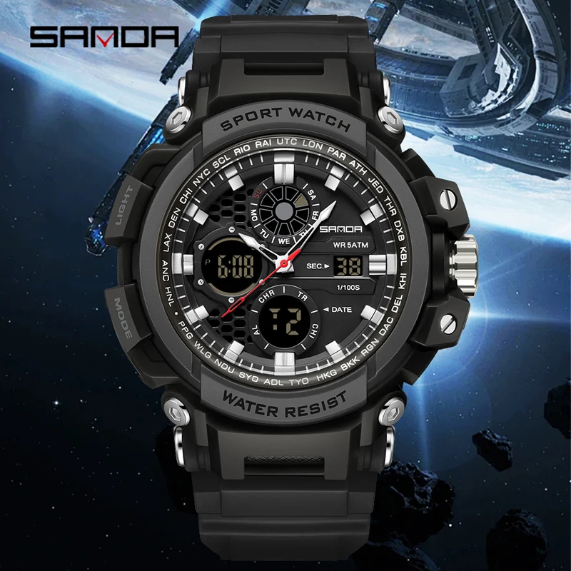 SANDA 3390 Sport Digital Watch 50M Waterproof Dual Display Wristwatches Relogio Masculino Watch Men Military Watches for Man