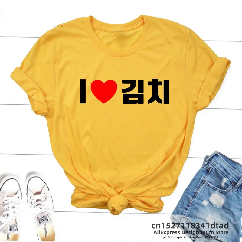 Korean Food T Shirt Women I Love Kimchi Hangul Woman Tshirt Funny Print Short Sleeve Tee Shirt Streetwear Kawaii Clothes