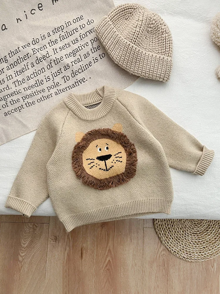 MiniAinis Autumn Winter Baby Thickened Lion Round Neck Top Girls Knitted Warm Sweater Boys Cartoon Clothes Children Clothing