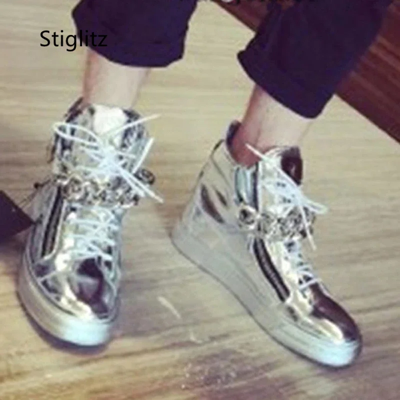 Gold Silver Chain High-Top Men's Shoes Casual Sneakers Shoes Sweat-Absorbing Breathable Mirror Leather Couple Shoes Ankle Boots