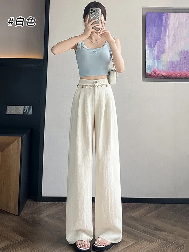 

Летние женские новые льняные широкие брюки, универсальные облегающие повседневные брюки с высокой талией, прямые брюки-трубы из ледяного шелка