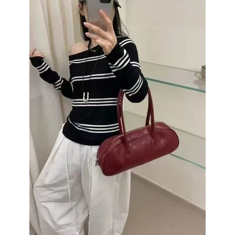 

2025 Autumn New Versatile Slim Striped Off-Shoulder Knitted One-Neck Top