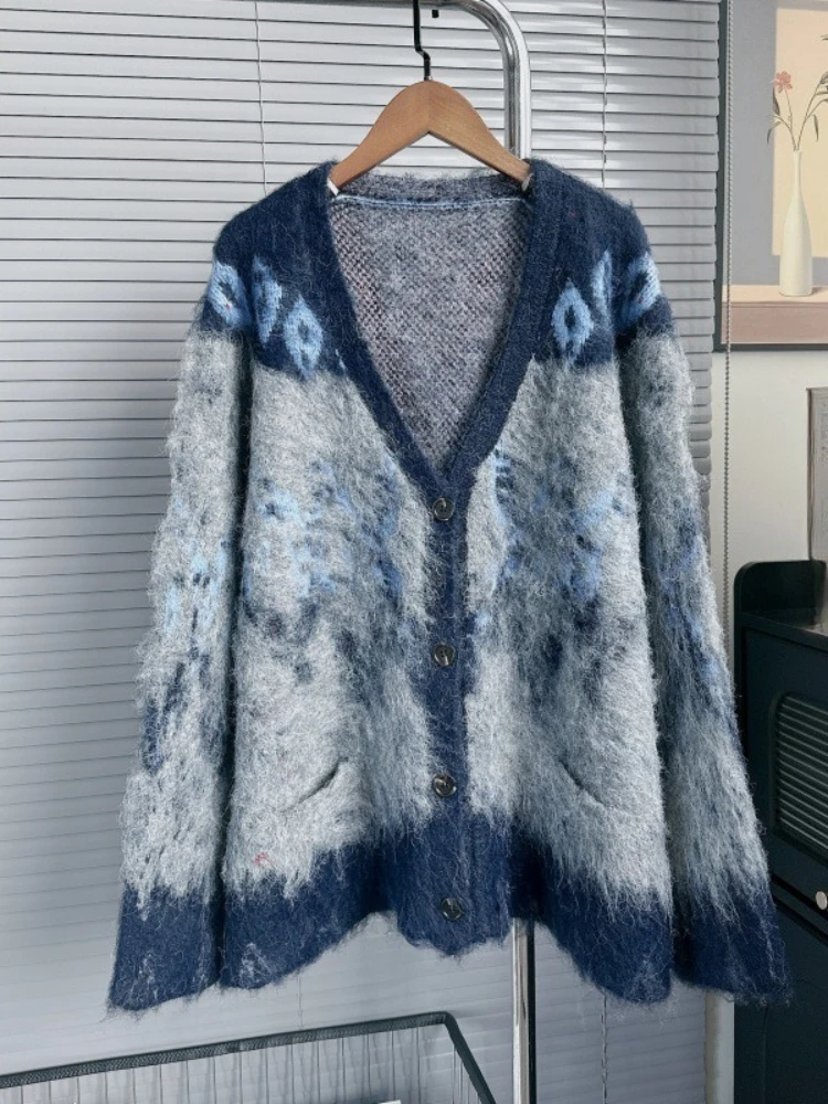 

American Vintage Cardigan Single Breasted Pockets Jacquard Contrast Color Sweaters Lazy Style Knit Tops All Match Women Clothing