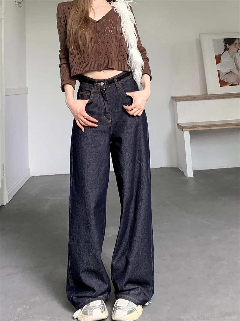 Korean Style Women Spring Autumn High Waist Wide Leg Jeans Raw Dark Blue Vintage Loose Draping Floor Length Pants