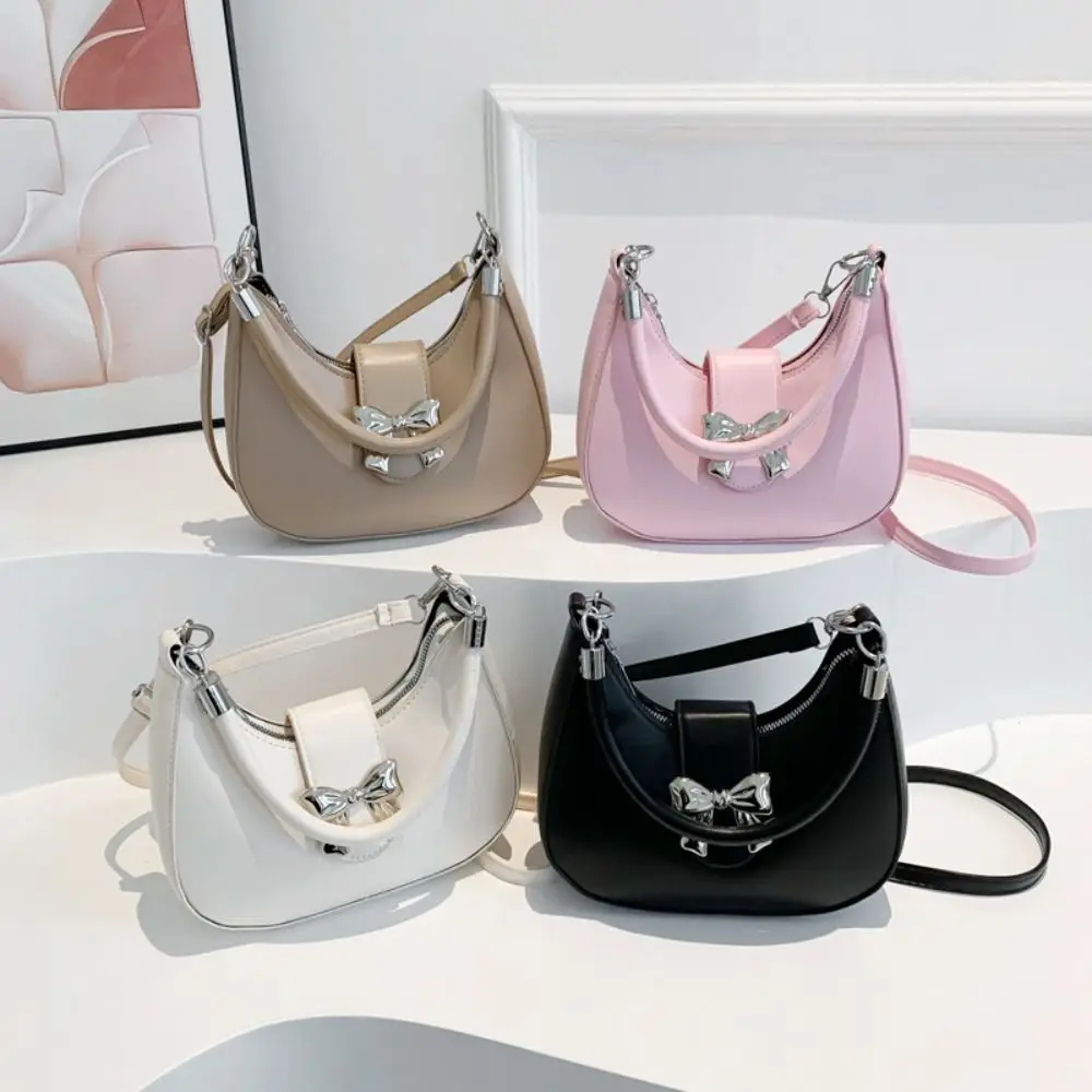Y2k Style Bowknot Crossbody Bag PU Leather Underarm Bag Dumpling Shoulder Bag Bow Large Capacity Half-moon Handbag Streetwear