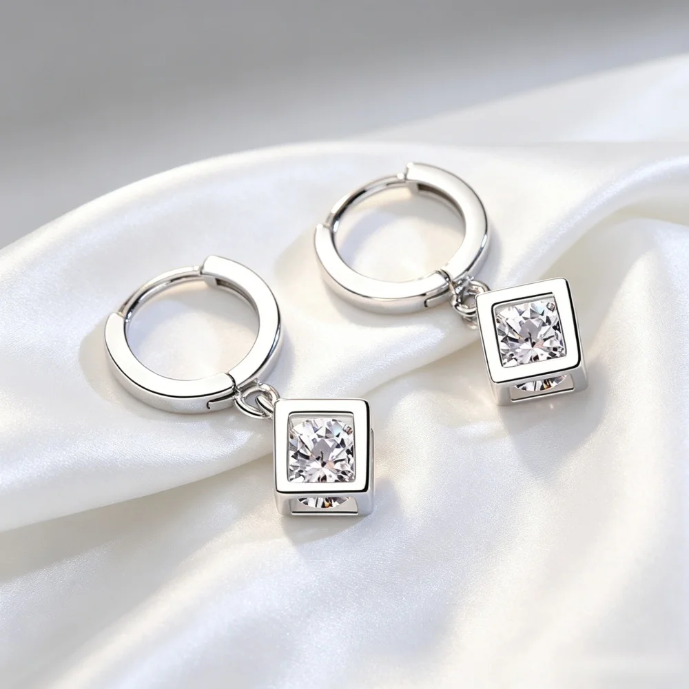 925 Sterling Silver Geometric Cube Drop Earrings for Women, Hollow Square Zirconia Huggie Hoop Earrings, Minimalist Jewelry Gift