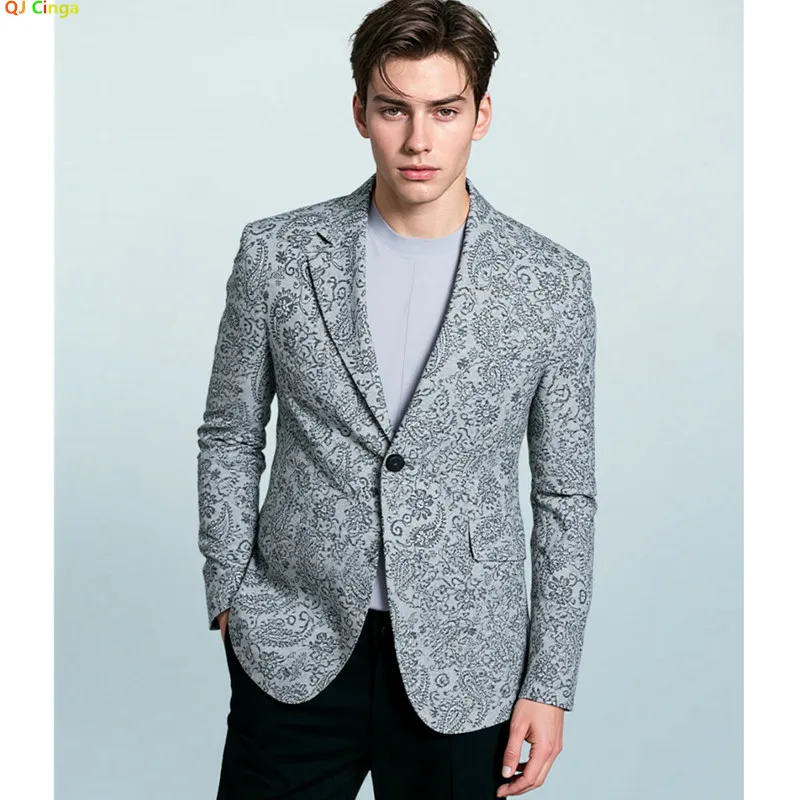 

2026 New Men's Deep Grey Printed Suit Jacket Single Button V-Neck Cotton Outerwear Loose Asian Size Blazer M-5XL