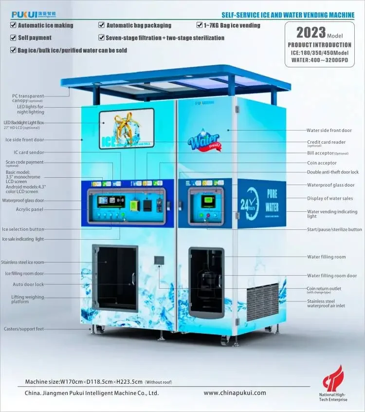 Automatic ice and water vending machine with bagging system for sale bag ice and bulk ice and pure water