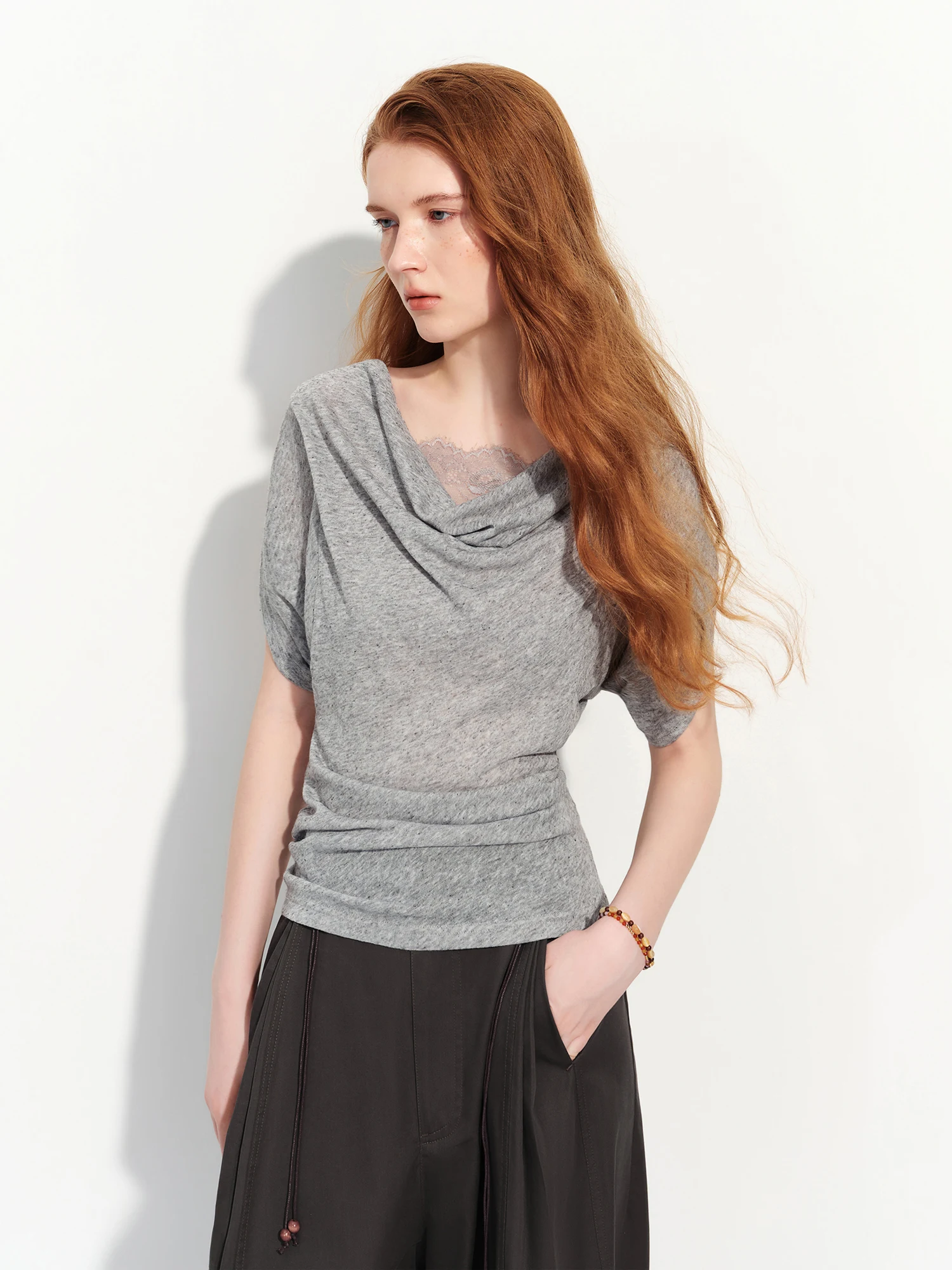 FSLE Elegant Slim-fitting Linen Short-sleeved T-shirt Swing Collar New Summer Style for Women 2026 Lace Patchwork Design