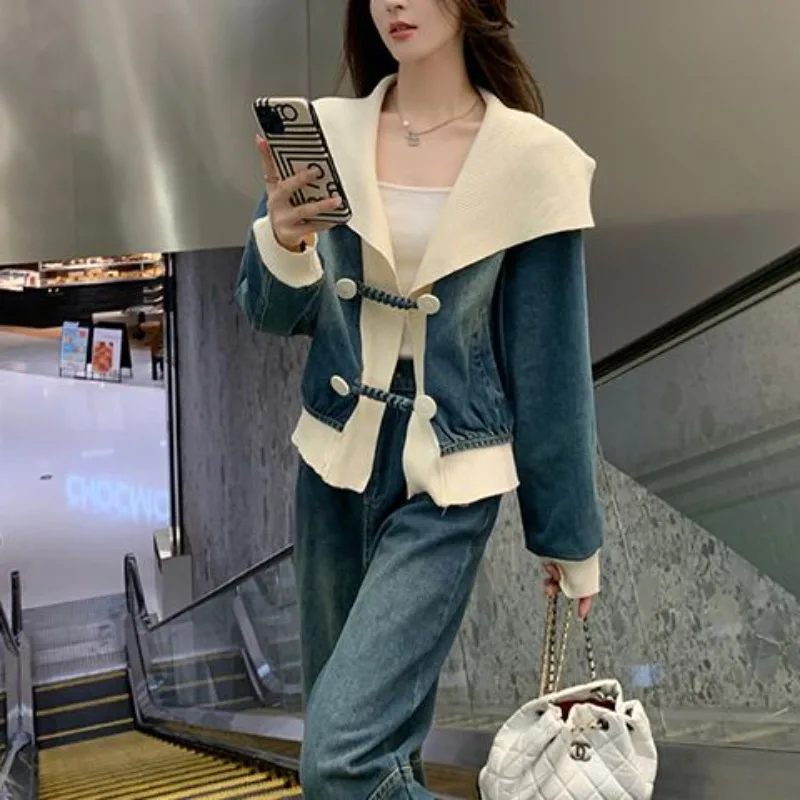 Autumn Winter High-end Suit New Fashionable and Foreign Korean Age-reducing Denim Jacket and Wide-leg Pants Two-piece Trendy Set