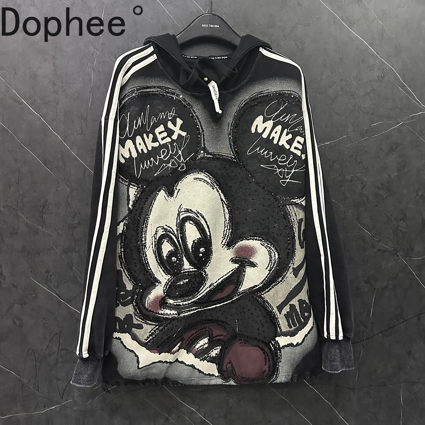 

2025 New Autumn Sequins Mickey Printed Hooded Sweatshirt Mid-long Loose Long Sleeve Sweatshirts Cute Students Casual Hoodies