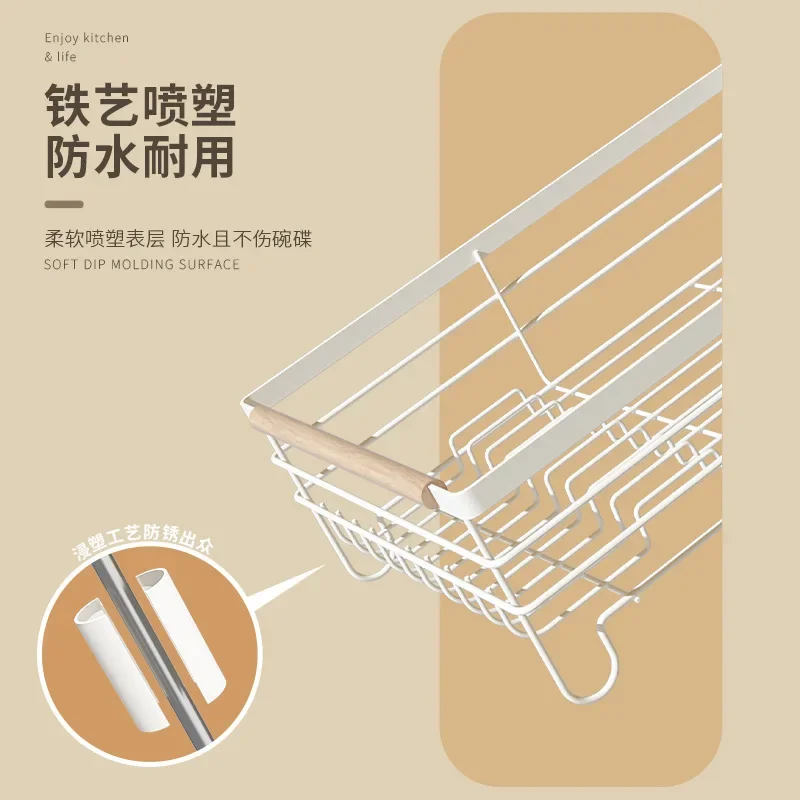 Kitchen Shelves Cutlery Storage Draining Dish Rack Japanese Iron Double Dish Metal Storage Chopsticks Bowl Shelf White Color