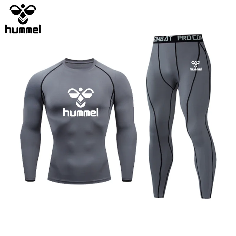 The New Brand HUMMEL Men\'s Compression Shirt Sports Running Tight Gym T-shirt Sports Set Exercise Quick Drying Top T-shirt