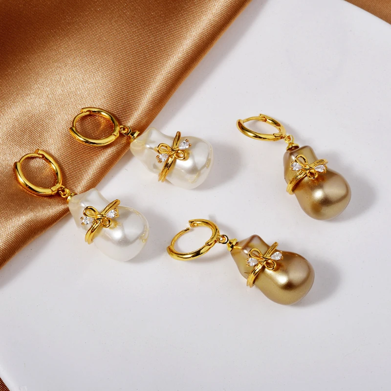 

French Baroque Champagne Shaped Pearl Bow Ear Buckle Plated 22K Real Gold Women's Luxury Jewelry