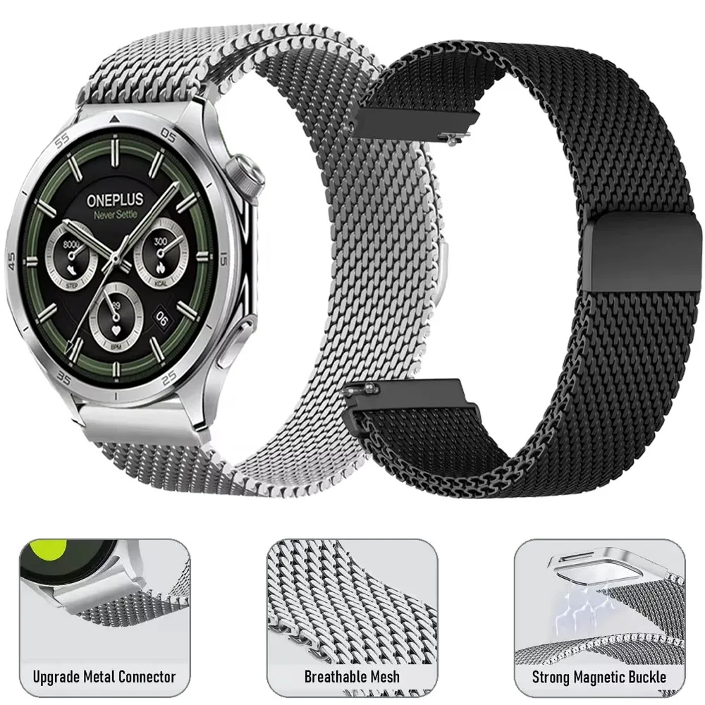 Bracelet en maille d'acier inoxydable, 22mm, 20mm, 18mm, pour montre Oneplus 3, 46mm, 43mm, Bracelet magnétique pour montre Oneplus Lite/2/2R, accessoire