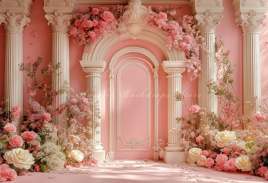 Arched Doorway With Columns Pink Baroque Photography Backdrop Kid Baby Cake Smash Photocall Decor Child Family Studio Background