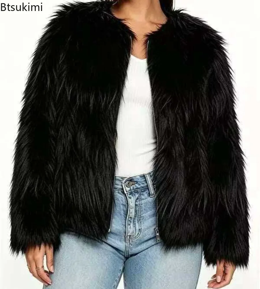 Women Shaggy Faux Fur Short Jacket Open Front Round Neck Long Sleeve Fluffy Thick Warm Coat Winter Daily Street Club Party Coat