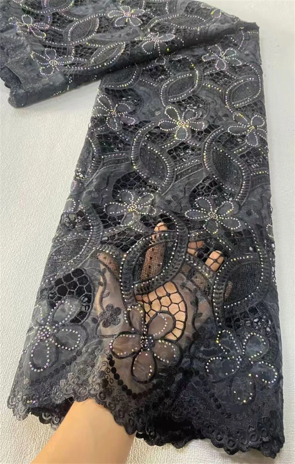 قماش دانتيل أفريقي 2025، مواد أقمشة قطنية للملابس، بالمتر، تطريز، حجر الراين، فساتين الحفلات، تول، 5 ياردات