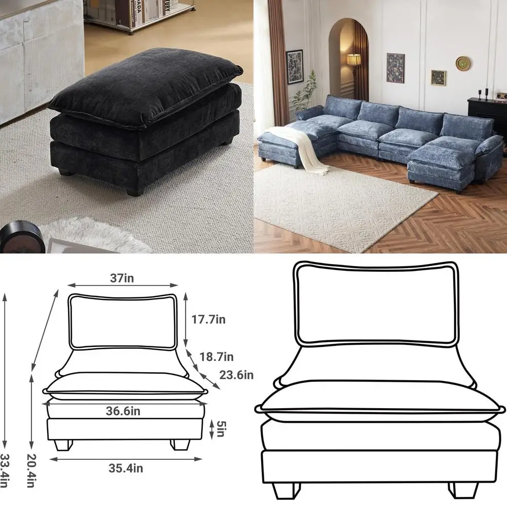Large Plush Cloud Ottoman in Black Chenille for Maximum Comfort and Relaxation