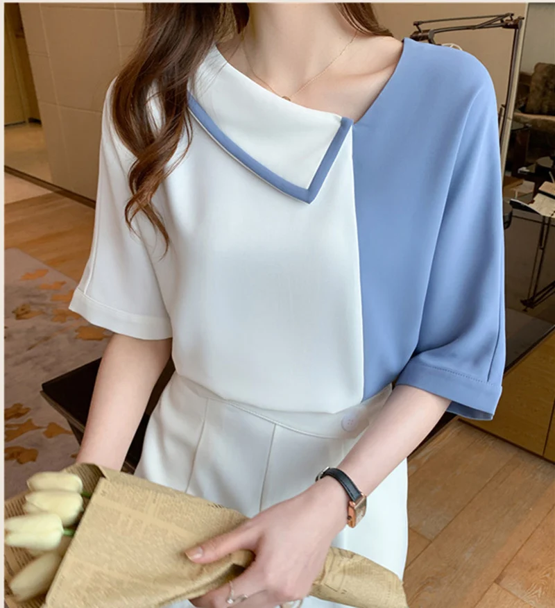 

Blusas Mujer De Moda 2024 New Loose Chiffon Shirt Women's Blouses Tops Skew Collar Short Sleeve Solid Elegantes Female Shirt