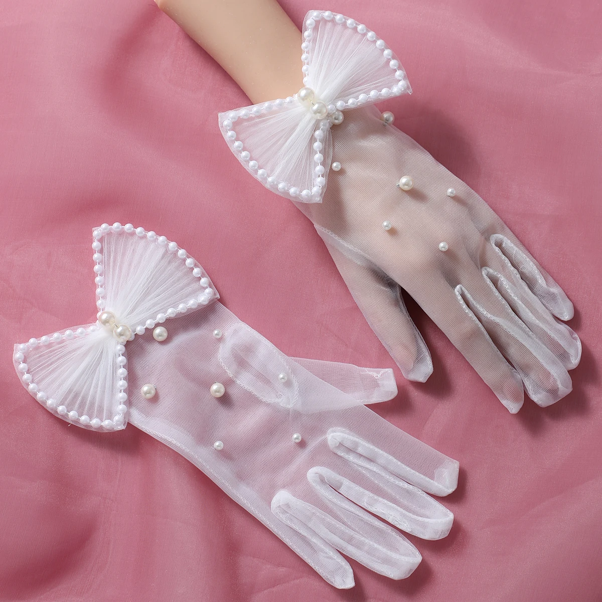 Guantes de fiesta llenos de estilo elegante para mujer, guantes de vestir con cuentas blancas con lazo, adecuados para Bola de boda