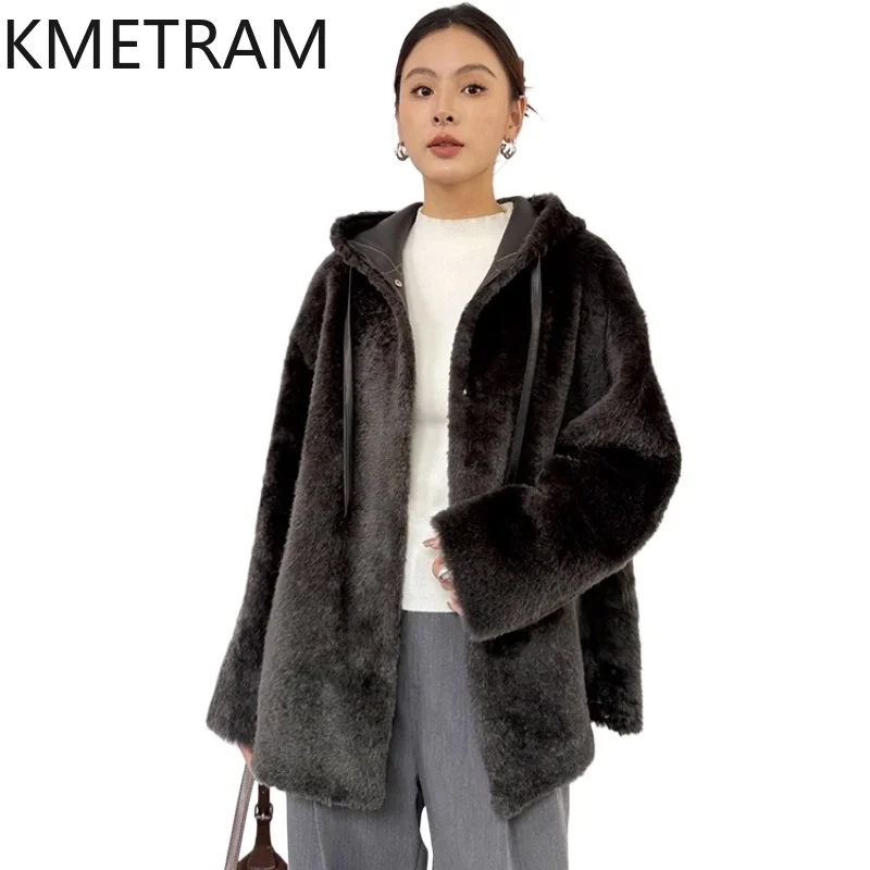 Natural Lagon Wool Sheepskin Double Faced Fur Jacket Woman Luxury Reversible Real Fur Coat with Hood Winter Clothes 2025 шуба