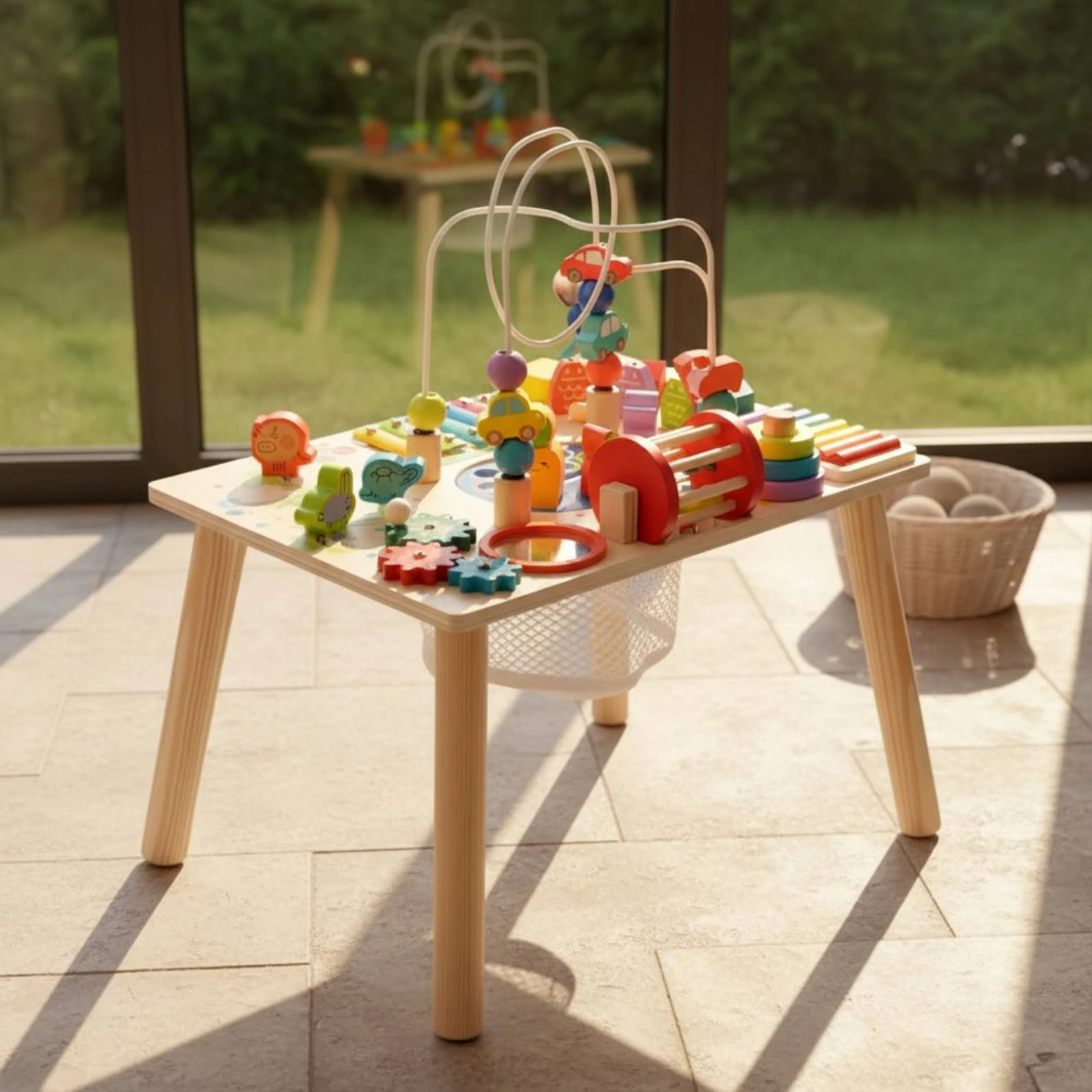 木製アクティビティテーブル-子供中心の幼児用アクティビティテーブル-ビーズ迷路家具付き-教育用スクリーン付き-スクリーンなし