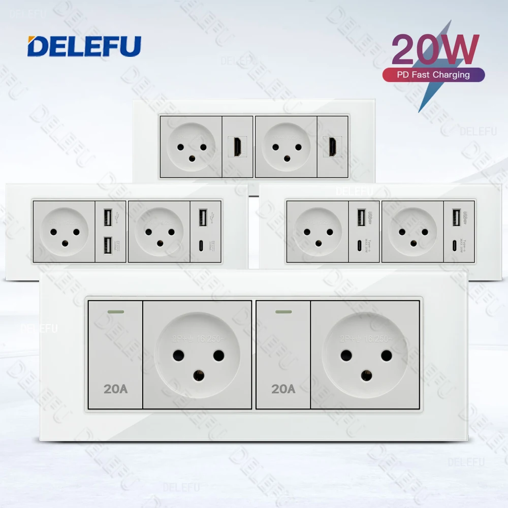 

Стеклянная панель DELEFU SC70, 195 мм, белая, израильский стандарт, USB C-типа, настенная розетка для быстрой зарядки, переключатель ТВ-телефона CAT5 CAT6