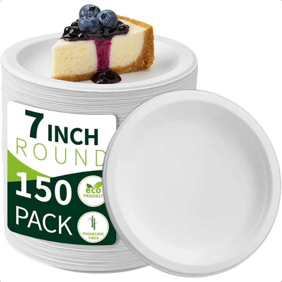 

7 Inch Compostable Paper Plates White 150 Pack 100 Sugarcane Bagasse Small Dert Plates Bulk Plates Sturdy Heavy Duty Biodegrad