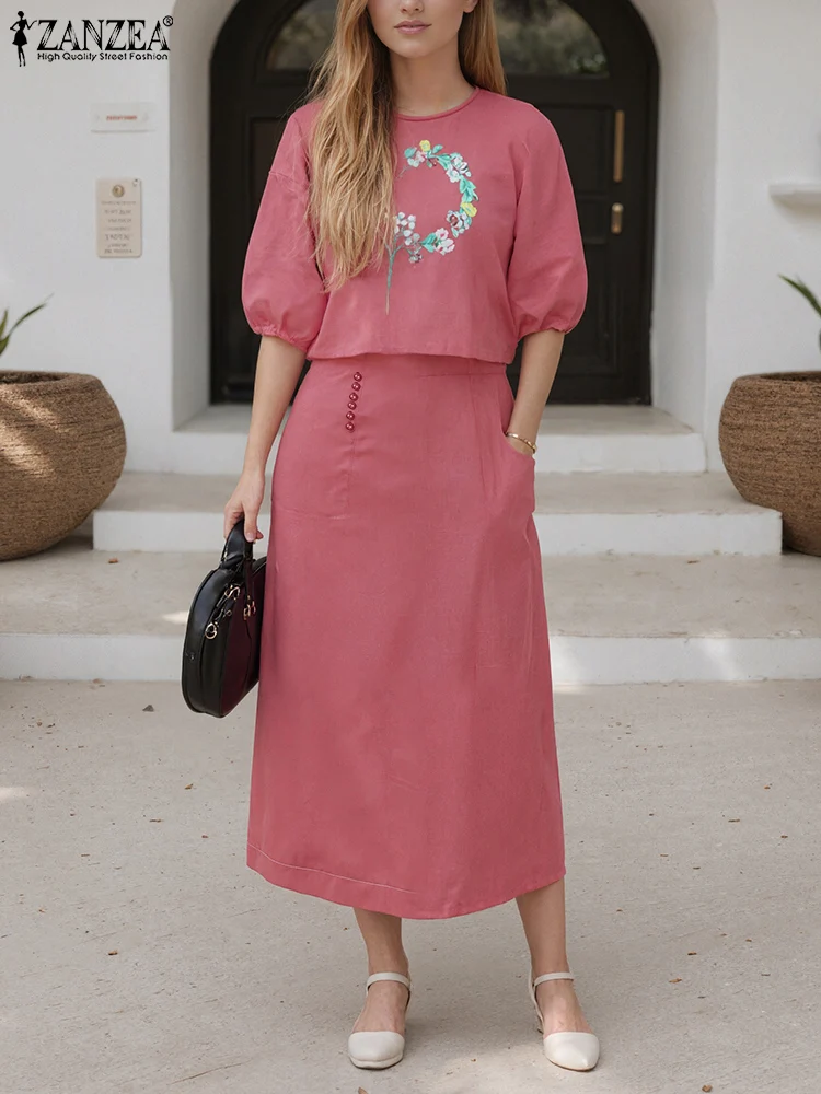 

ZANZEA Plus Size 5XL Women Dress Sets 2025 Autumn 2pcs Oversized Two-piece Outfits Casual 3/4 Sleeve Loose Tops Maxi Skirts Sets