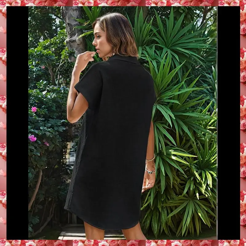 Vestido camisero de cintura suelta de manga corta informal con botones y cuello en V de algodón y lino de verano para mujer