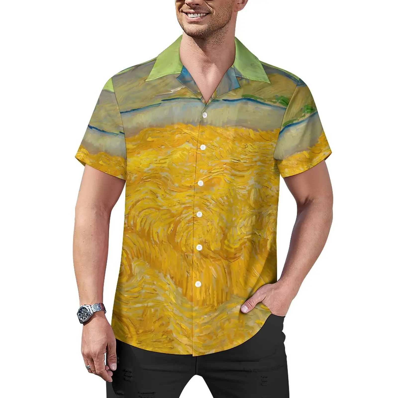 Vincent Van Gogh Loose Shirt Mens Vacation Wheatfield Casual Shirts Hawaiian Graphic Short Sleeve Harajuku Oversized Blouses