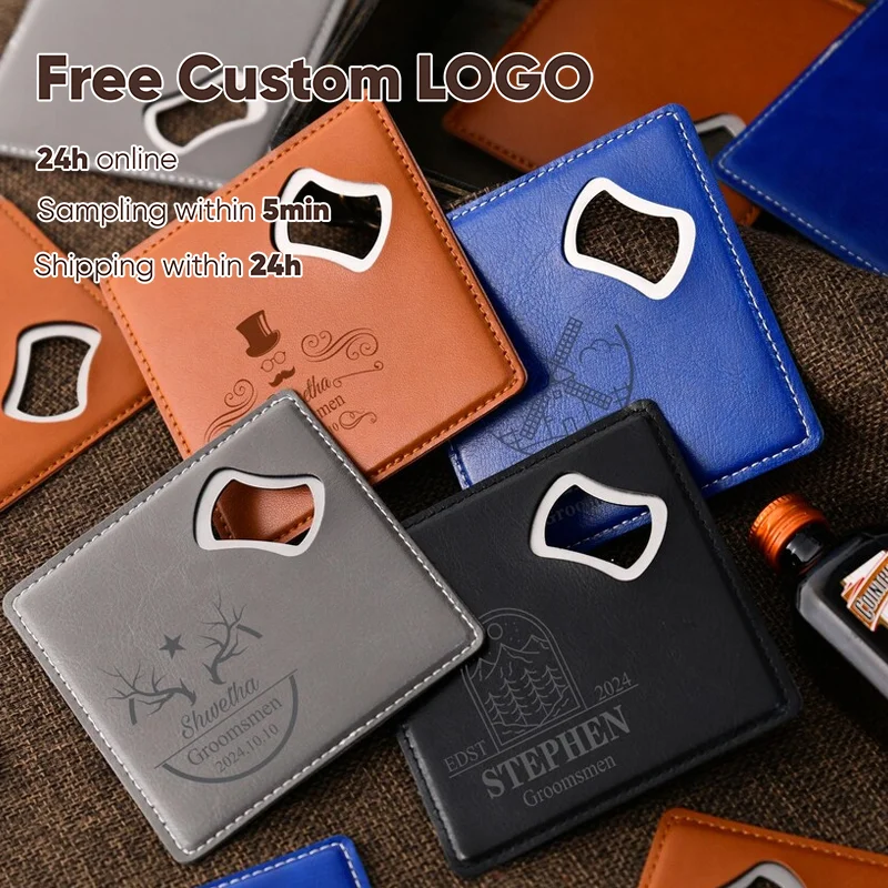 Free Personalized Square Leather Bottle Opener Coaster Custom For Wedding Groomsmen Gift Coaster Bottle Opener Party Favor Gift
