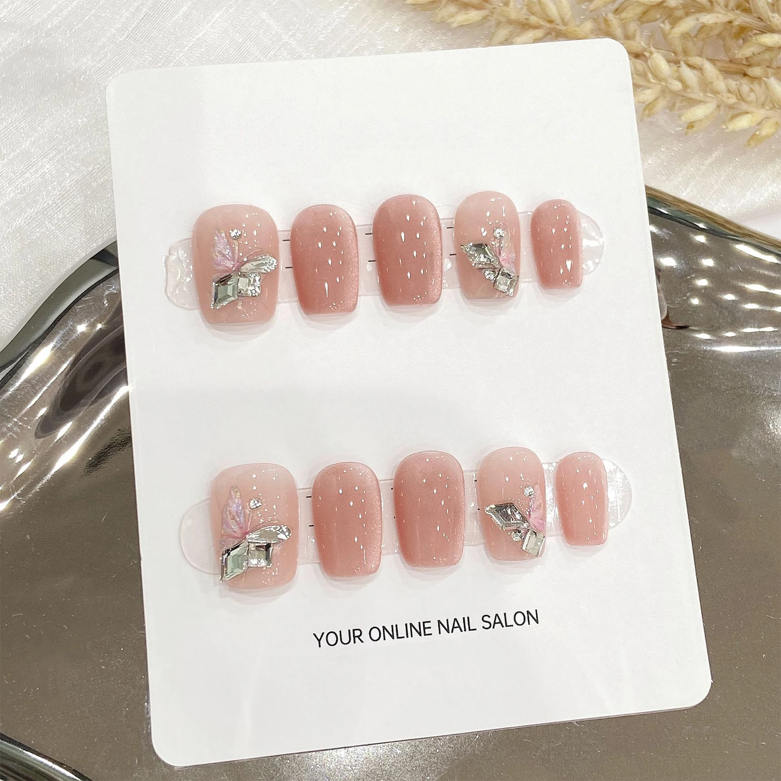 

10Pcs Nude Pink Fake Nails Glossy Cat's Eyes Diamond Butterfly Designs Handmade Press On Nails Short/Medium Length False Nails