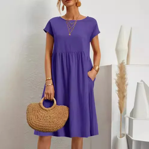 

Fashionable Summer Cotton And Linen Round Neck A-line Dress, Women's Knee Length Sleeveless Dress, Regular Waistline