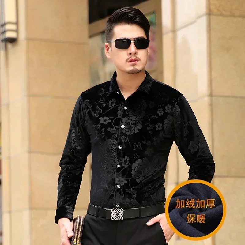 Autumn Winter Thick Velvet Dress Shirt For Men Casual Long Sleeve Warm Fleece Lining Shirts Fashion Soft Silk Flannel Tops Shirt