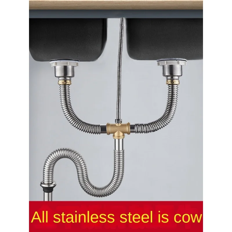 Kitchen Stainless Steel Double-groove Sink Drain Pipe Fittings Deodorant Set Universal 304 Stainless Steel 60cm