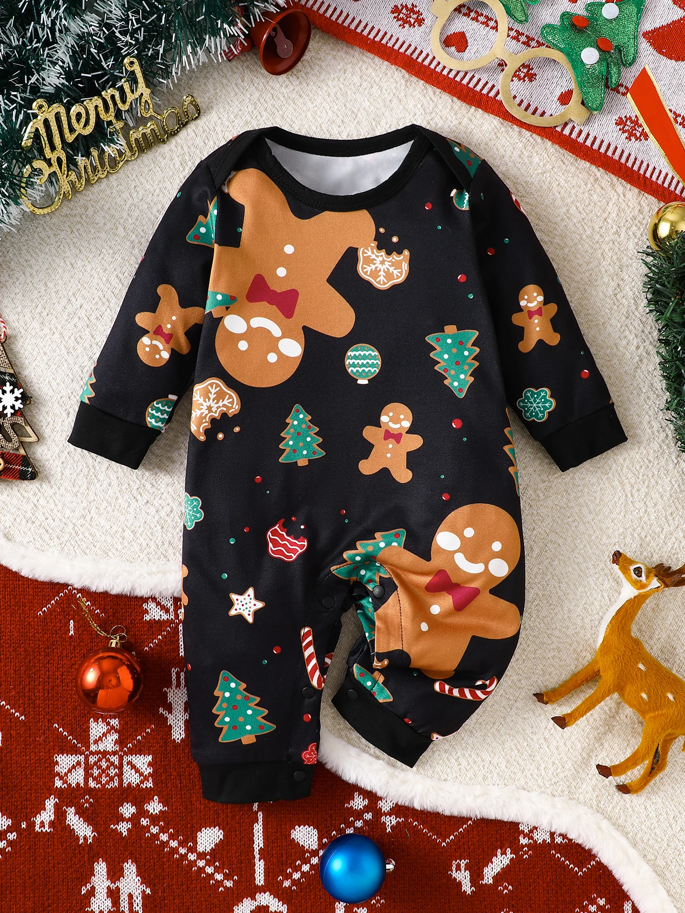 IURNXB Black Christmas Baby Romper Gingerbread Man Print Long Sleeve Infant Jumpsuit Newborn Onesie Bodysuit Xmas Photos 1-18M