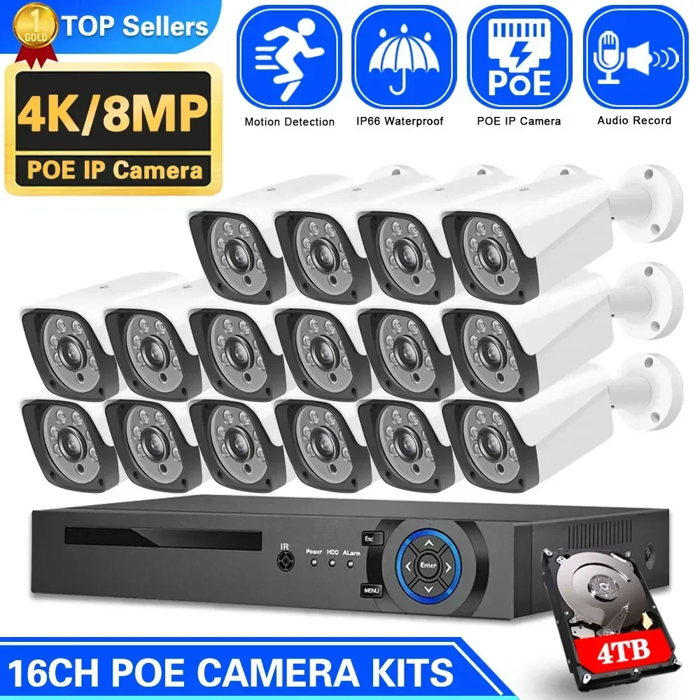 

H.265 16CH 4K POE NVR Kit Outdoor 8MP CCTV Security Camera System Human Detection POE IP Bullet Camera Video Surveillance Set