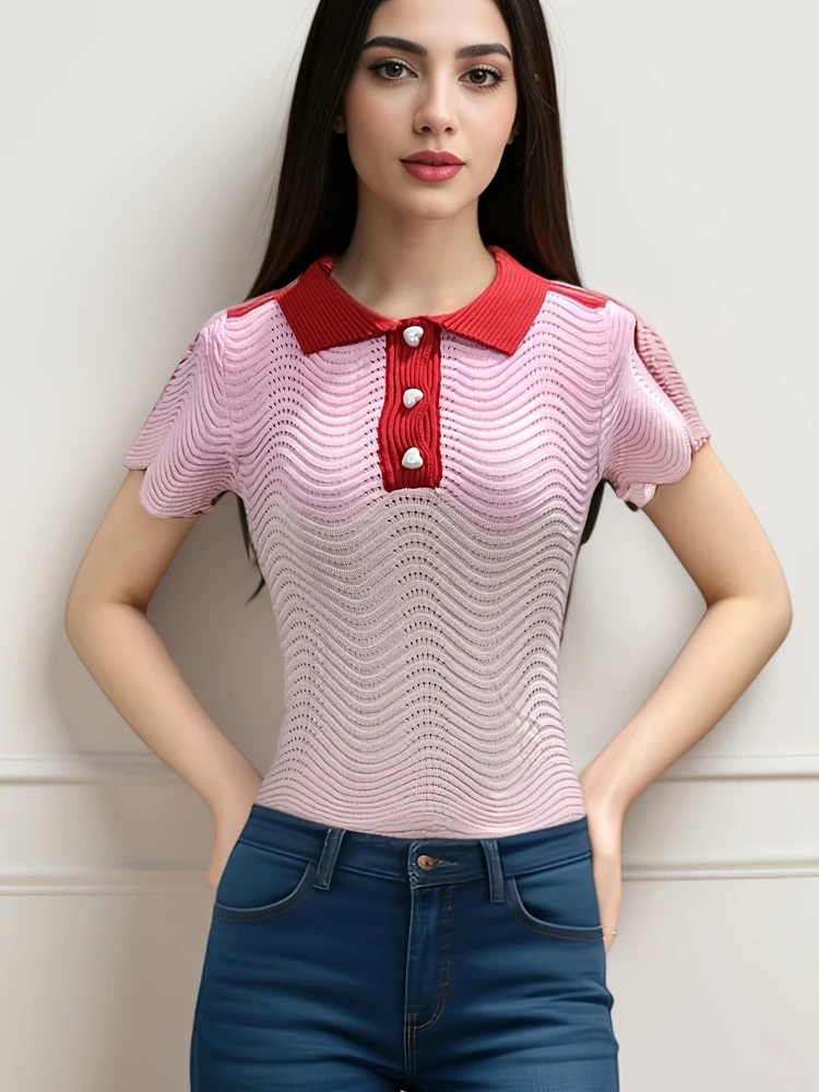 Pearl Diary Women Contrast Color Join Together Knitting T-Shirt Wavy-Edge Turndown Collar Chic Top Women Love Button Thin Top