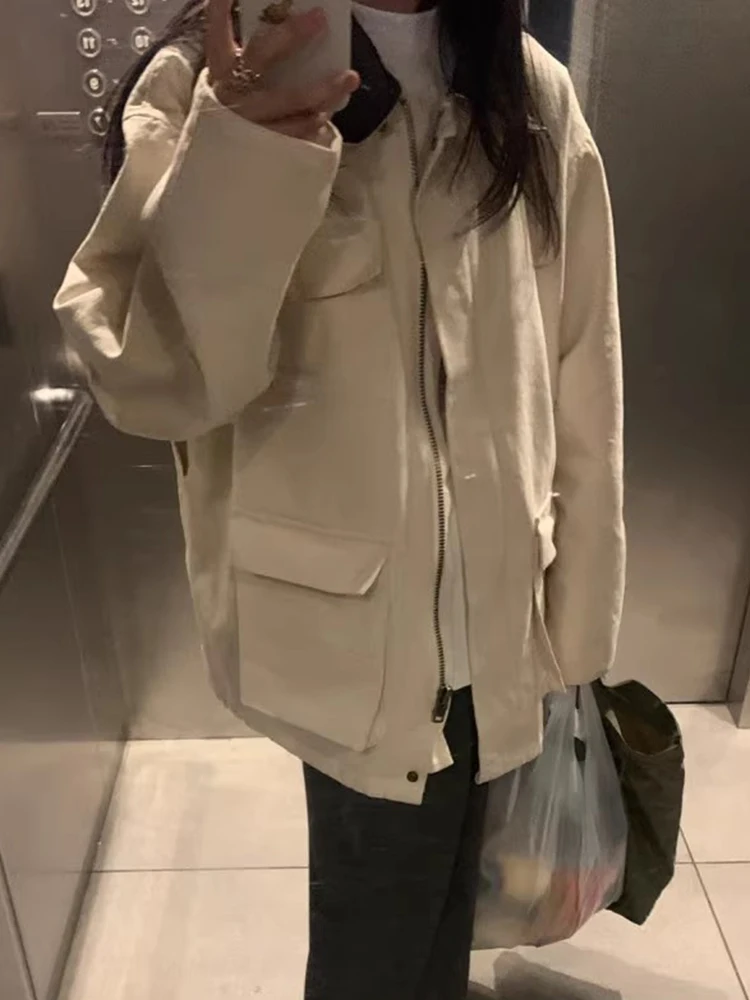 Retro Chic PU Leather Work Jaet Women's Long Sve Collar Multi-ket Outerwear Color Blo Design Age-Defng Utili Coat