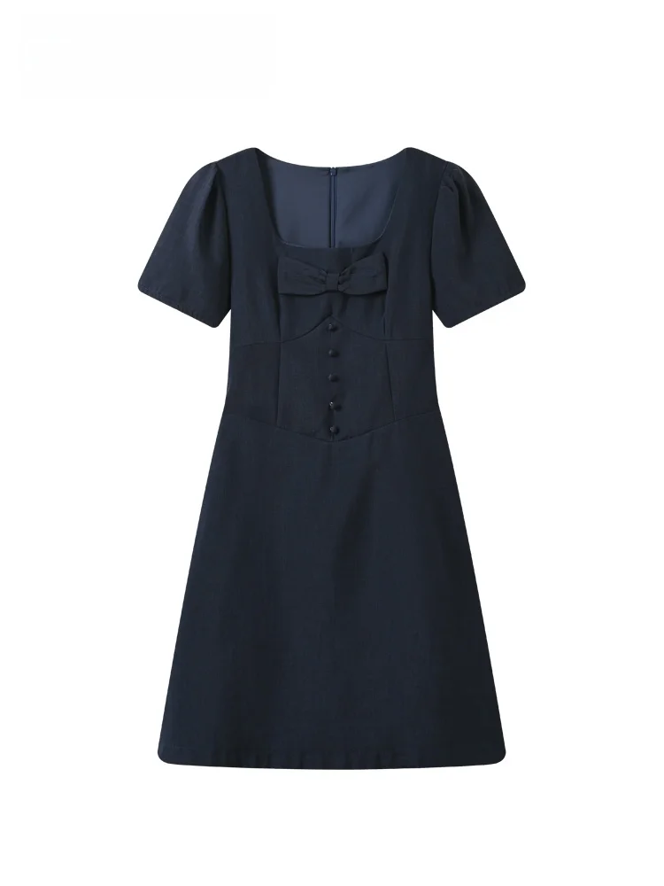 

Summer New Style Women's T-shirt Short Sleeve Square Collar Knot Mid-Length Dress plus Size French Style A-Line Skirt