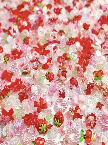 100PCS Random Mixed Strawberry Flowers Nail Charms Sweet Resin Flatback Moon Nail Art Decoration Accessories Manicure DIY