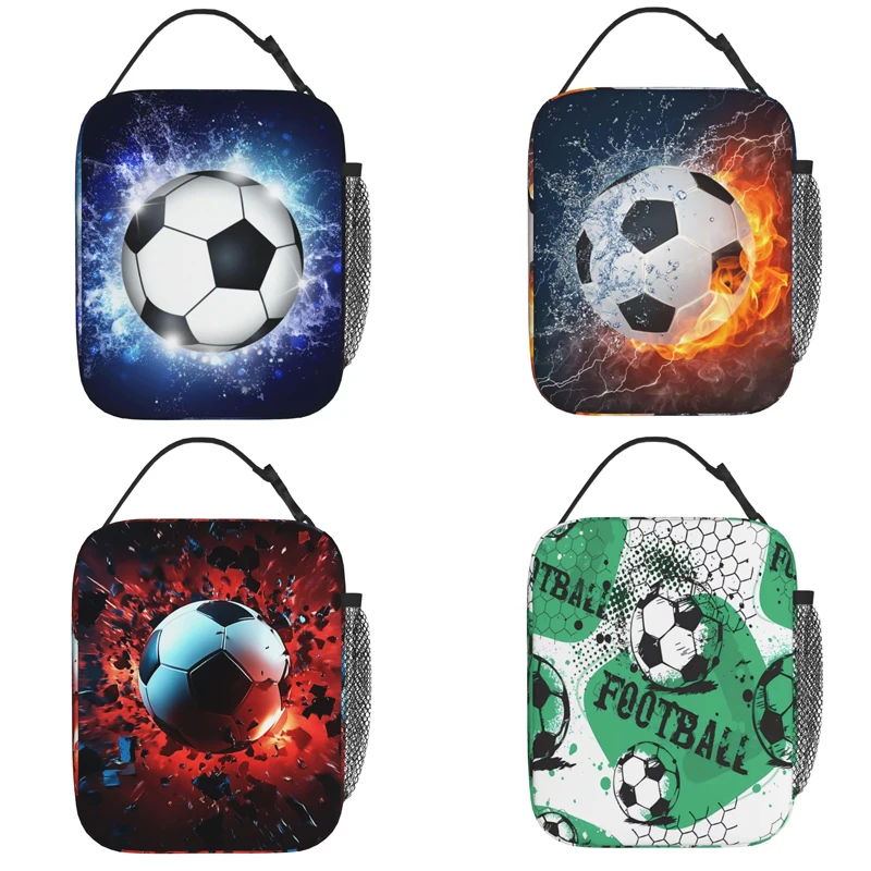 Sports Lunch Box with Soccer Pattern Print Blue Insulated Lunch Bag Ice Packs Containers Tote Handbag with Water Bottle Holder