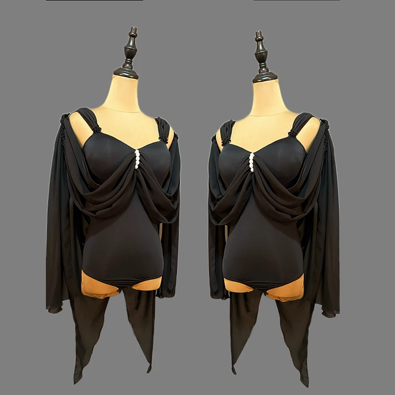 ชุดฝึกซ้อมเต้นรำบอลรูมสำหรับผู้หญิง บอดี้สูทแขนยาวสีดำ ชุดเต้นรำสมัยใหม่มาตรฐาน ชุดฝึกซ้อมวอลซ์ รุ่น VBH2059