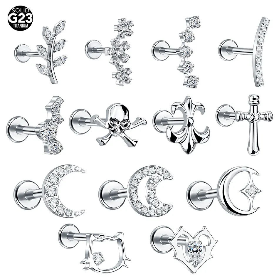1/5 Stück ASTM F136 Titan Halbmond CZ Knorpel-Ohrring Helix Tragus Flat Back Zirkon Labret Medusa Piercing Schmuck 16G