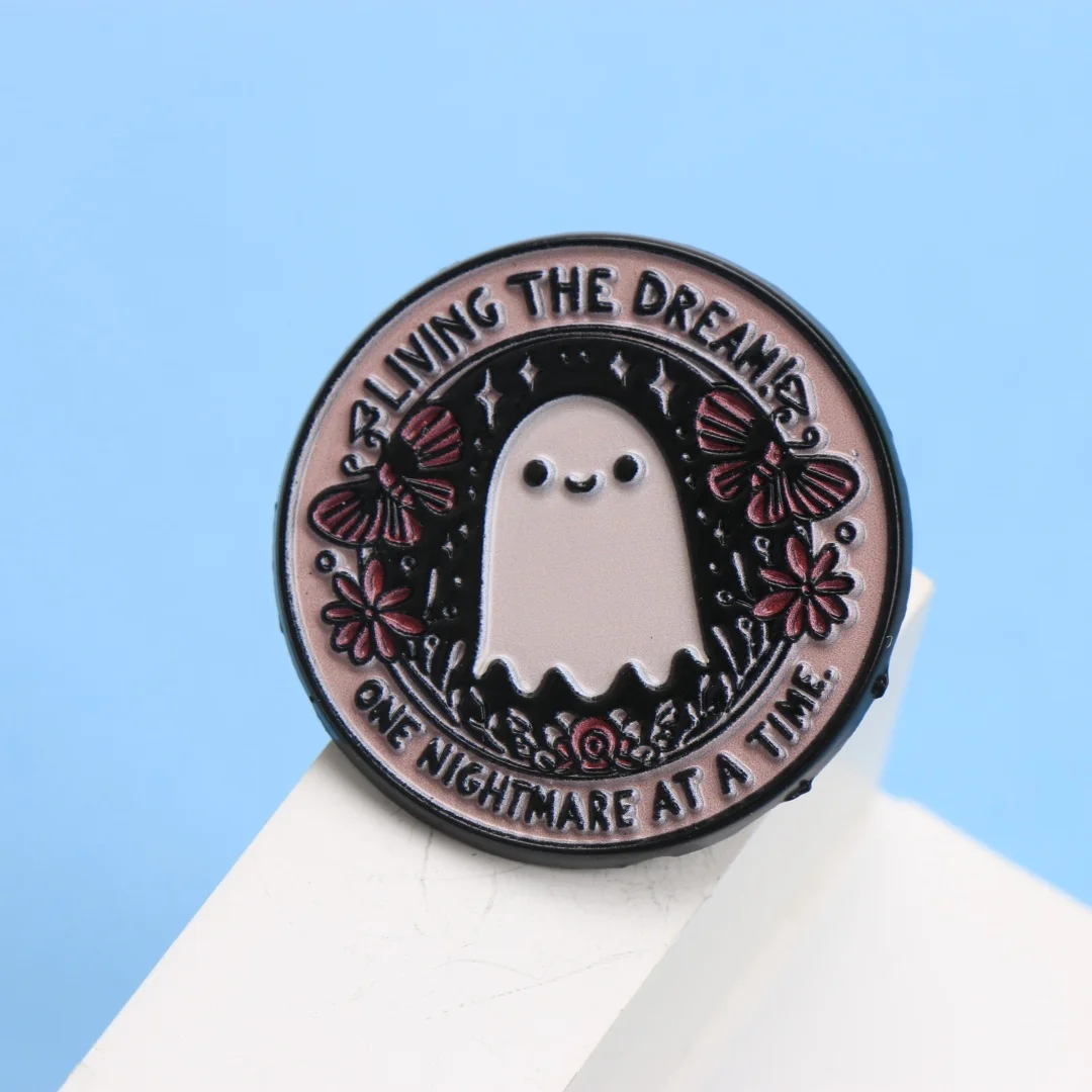 Living the Dream One Nightmare at a Time Enamel Pin - Cute Ghost Cartoon Lapel Badge for Backpack DIY Gift